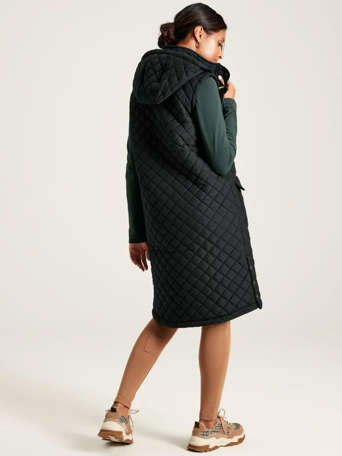 Joules Gilets Women Black Showerproof Long Diamond Quilted Gilet With Hood
