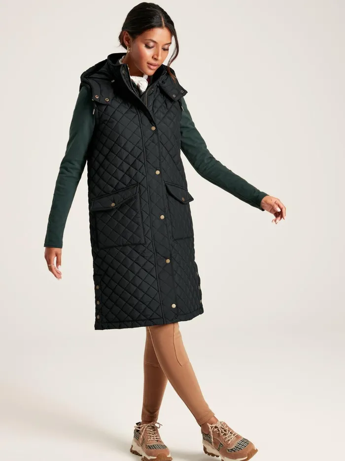 Joules Gilets Women Black Showerproof Long Diamond Quilted Gilet With Hood