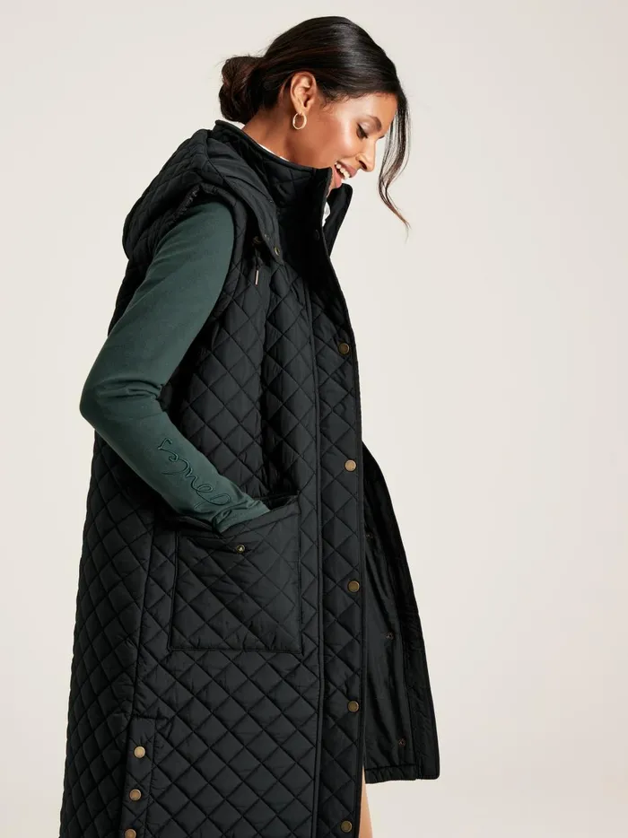Joules Gilets Women Black Showerproof Long Diamond Quilted Gilet With Hood