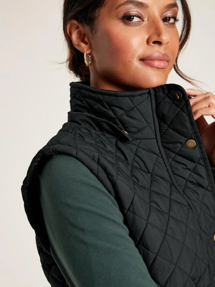 Joules Gilets Women Black Showerproof Long Diamond Quilted Gilet With Hood