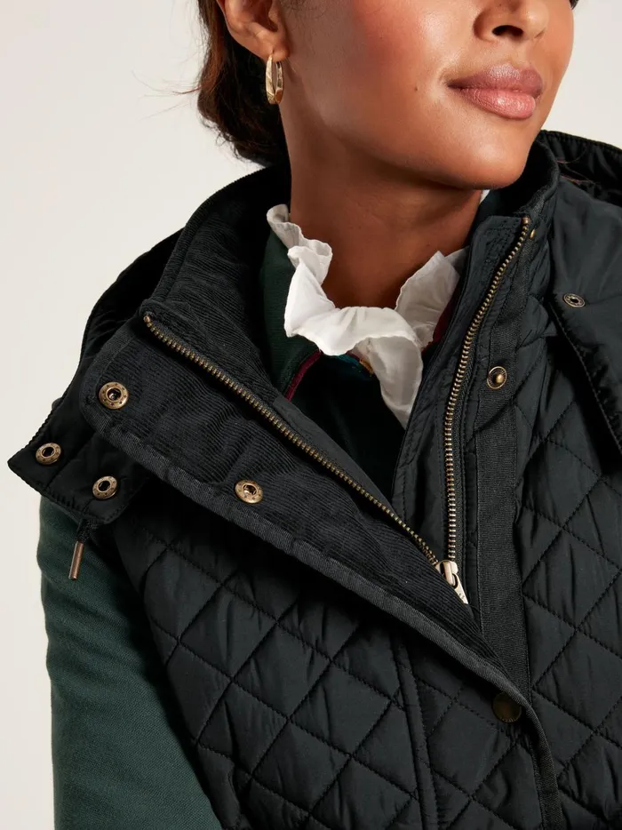 Joules Gilets Women Black Showerproof Long Diamond Quilted Gilet With Hood
