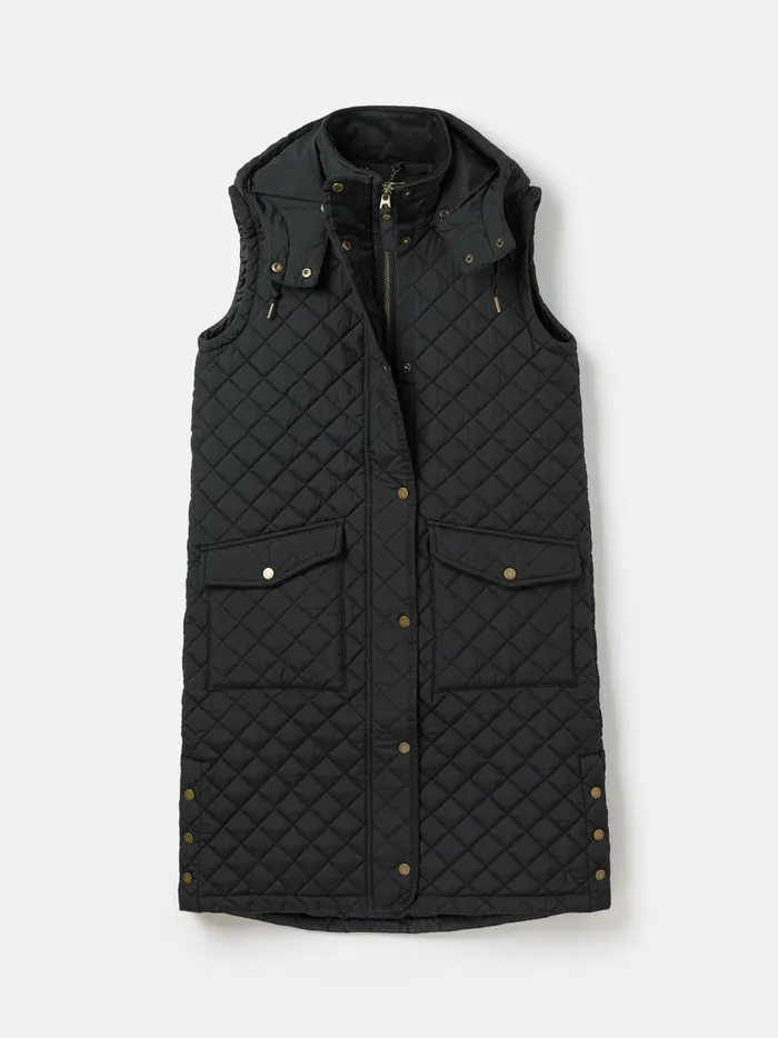 Joules Gilets Women Black Showerproof Long Diamond Quilted Gilet With Hood