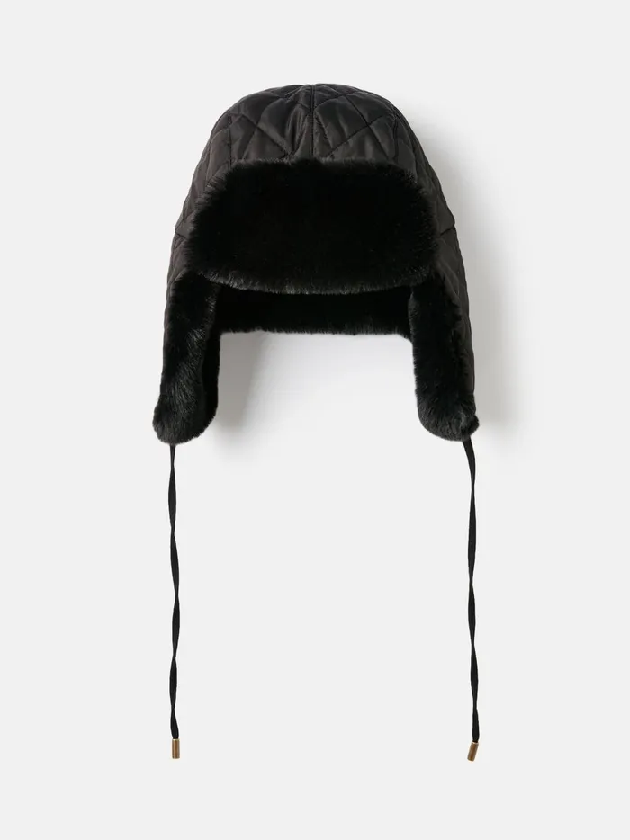 Joules Hats Women Black Faux Fur Lined Quilted Trapper Hat