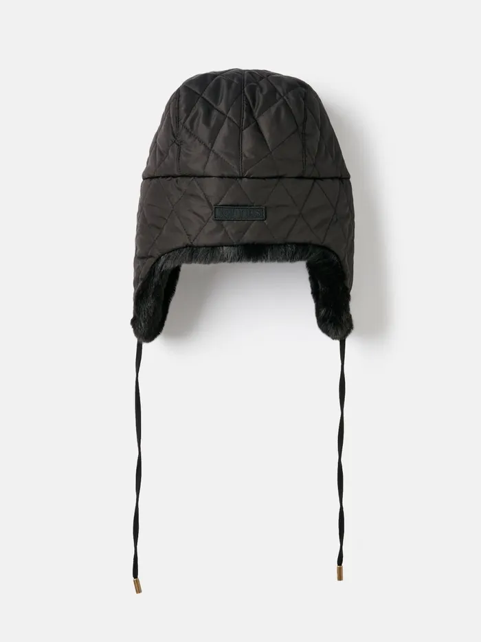 Joules Hats Women Black Faux Fur Lined Quilted Trapper Hat