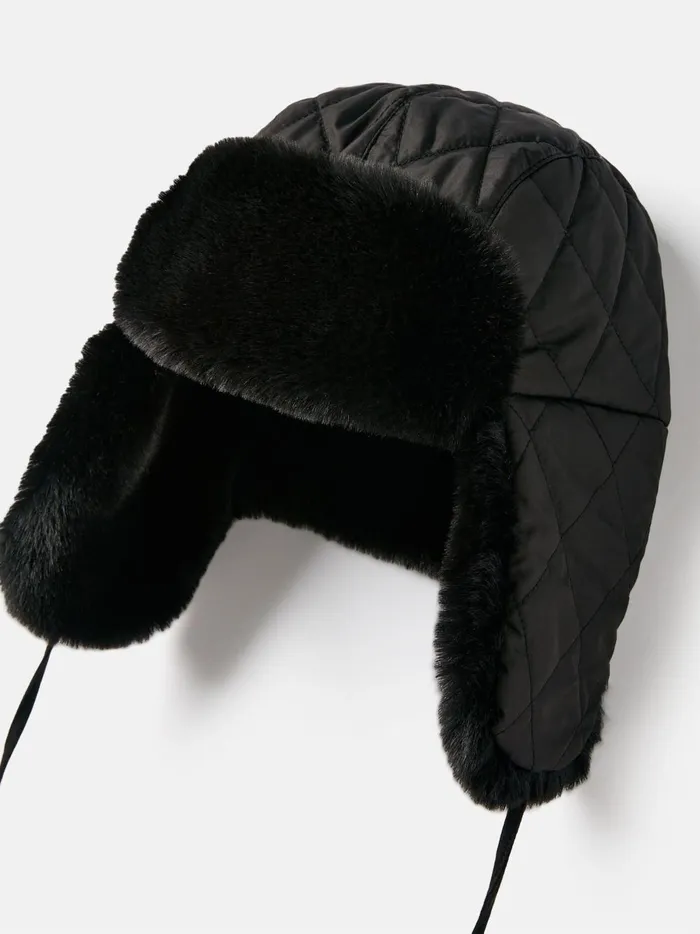 Joules Hats Women Black Faux Fur Lined Quilted Trapper Hat