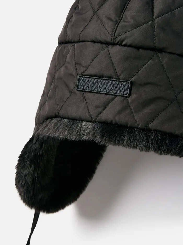 Joules Hats Women Black Faux Fur Lined Quilted Trapper Hat