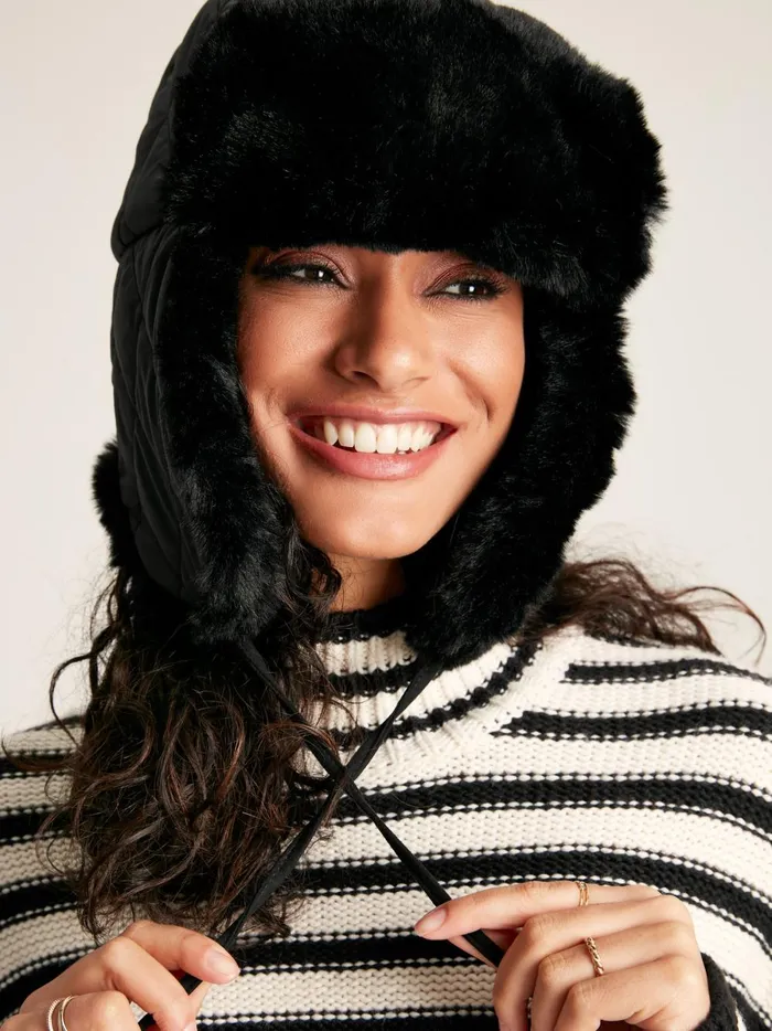 Joules Hats Women Black Faux Fur Lined Quilted Trapper Hat