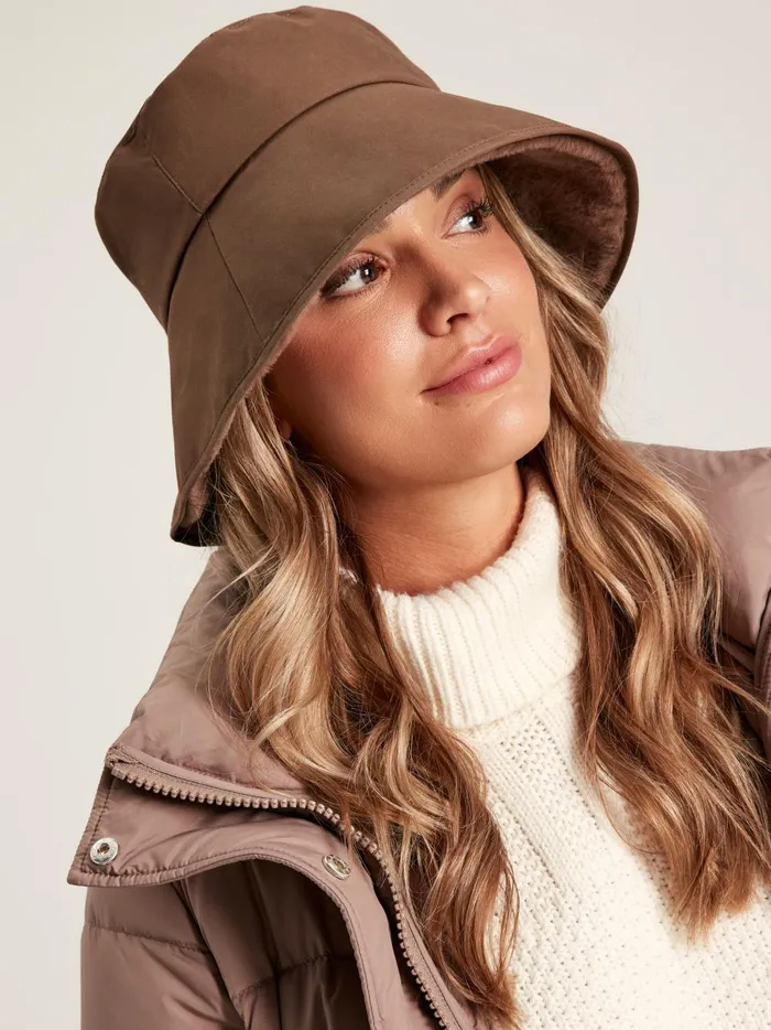 Joules Hats Women Brown Wax Faux Fur Lined Bucket Hat