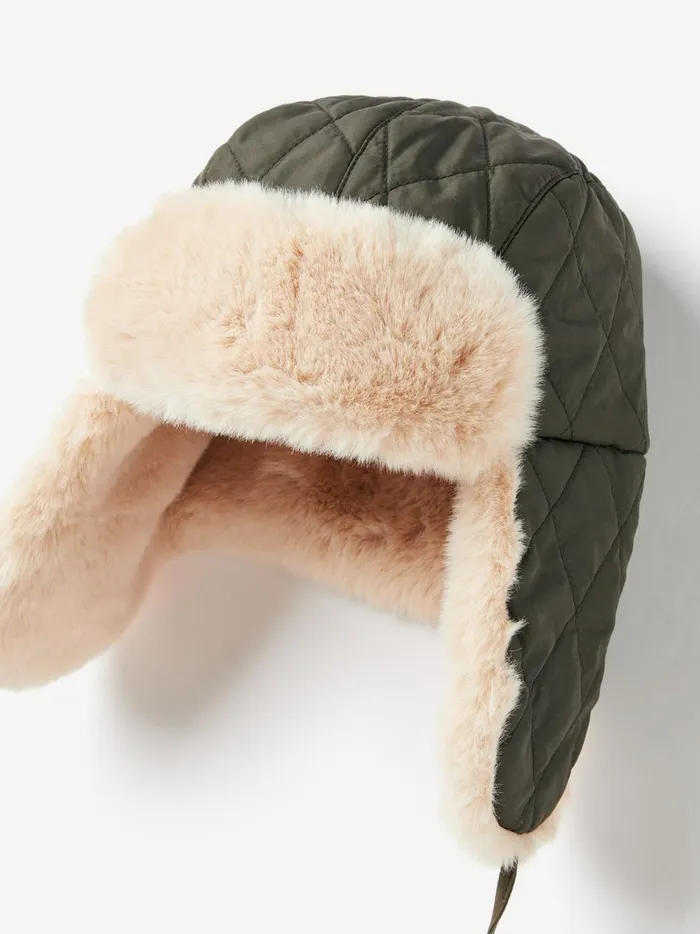 Joules Hats Women Green Faux Fur Lined Trapper Hat