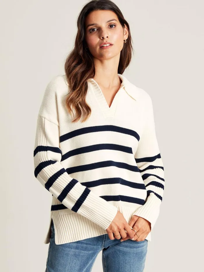 Joules Knitwear Women Cream Navy Blue Striped Collared Jumper