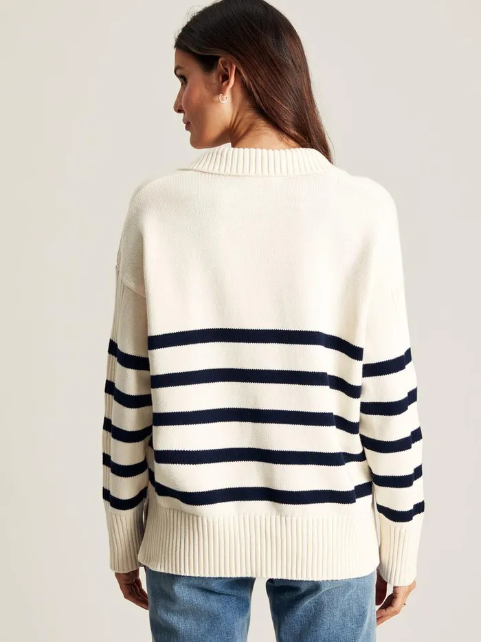 Joules Knitwear Women Cream Navy Blue Striped Collared Jumper