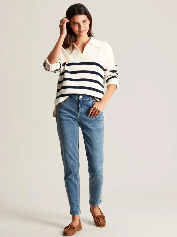 Joules Knitwear Women Cream Navy Blue Striped Collared Jumper