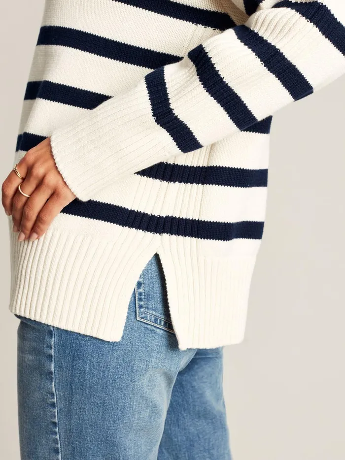 Joules Knitwear Women Cream Navy Blue Striped Collared Jumper