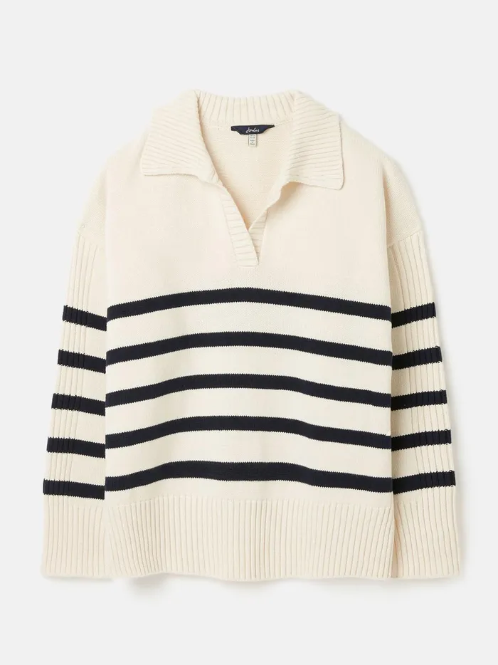 Joules Knitwear Women Cream Navy Blue Striped Collared Jumper