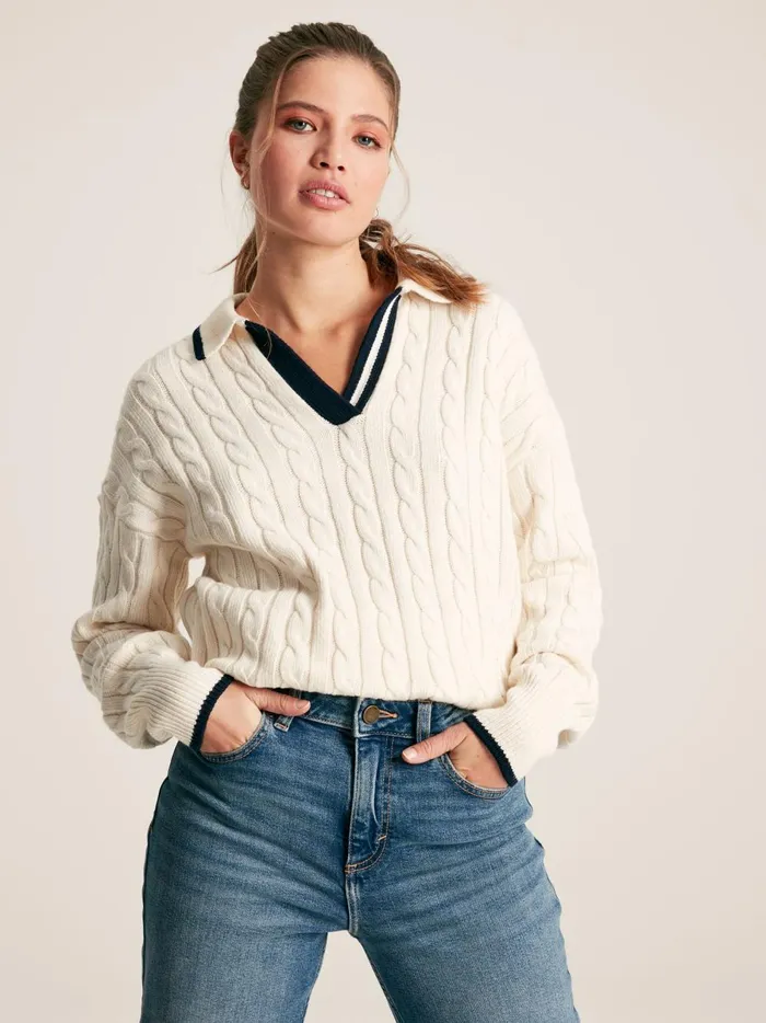 Joules Knitwear Women CreamNavy Cable Knit Cricket Jumper