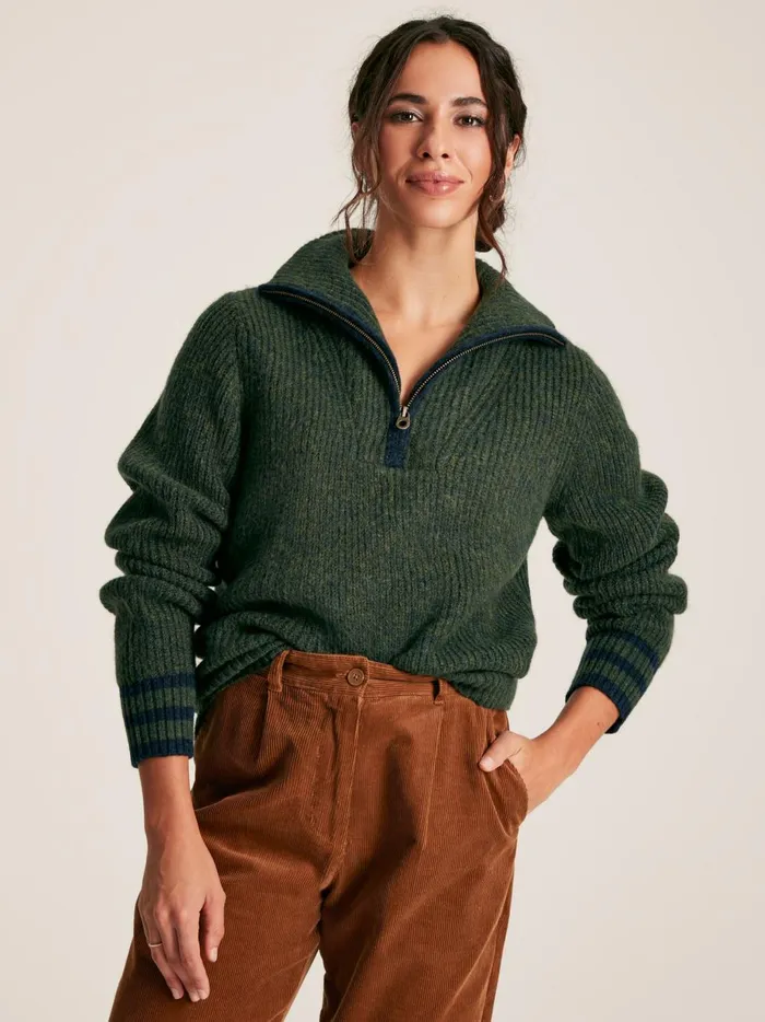 Joules Knitwear Women Dark Green Quarter Zip Rib Knit Jumper