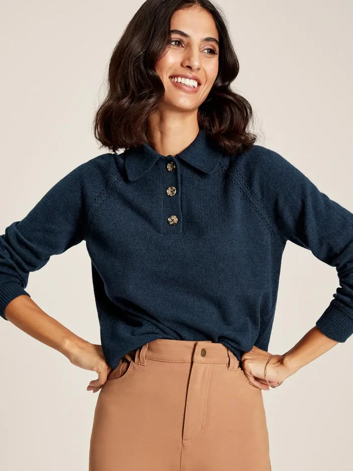 Joules Knitwear Women Navy Blue Pointelle Jumper With Collar
