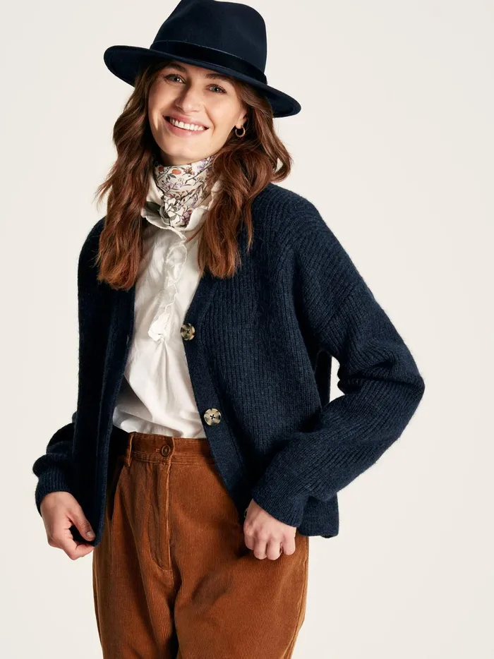 Joules Knitwear Women Navy V Neck Ribbed Knit Buttoned Cardigan