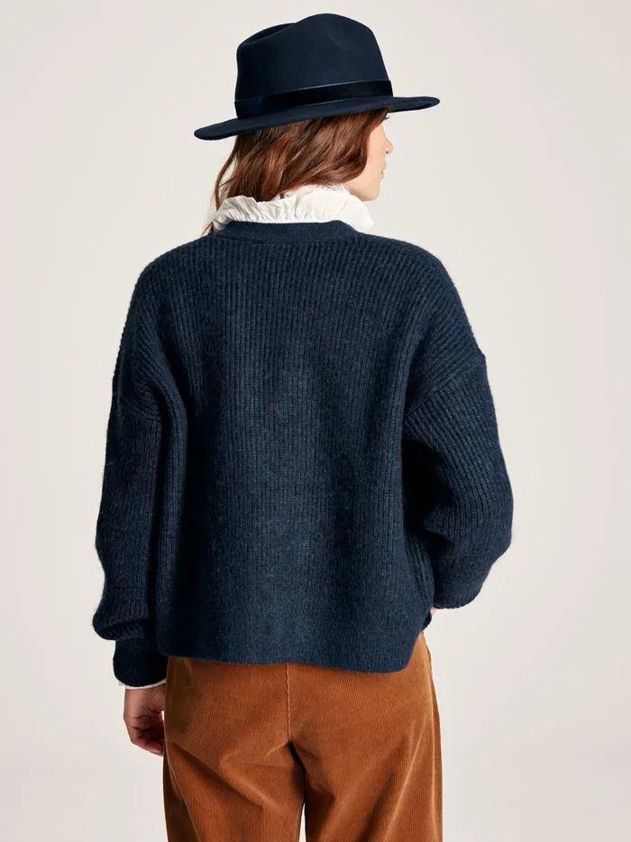 Joules Knitwear Women Navy V Neck Ribbed Knit Buttoned Cardigan