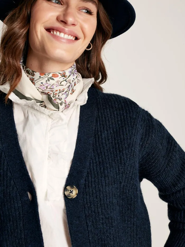 Joules Knitwear Women Navy V Neck Ribbed Knit Buttoned Cardigan
