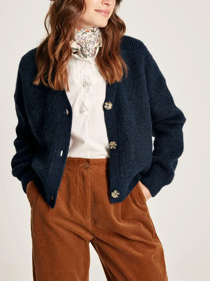 Joules Knitwear Women Navy V Neck Ribbed Knit Buttoned Cardigan