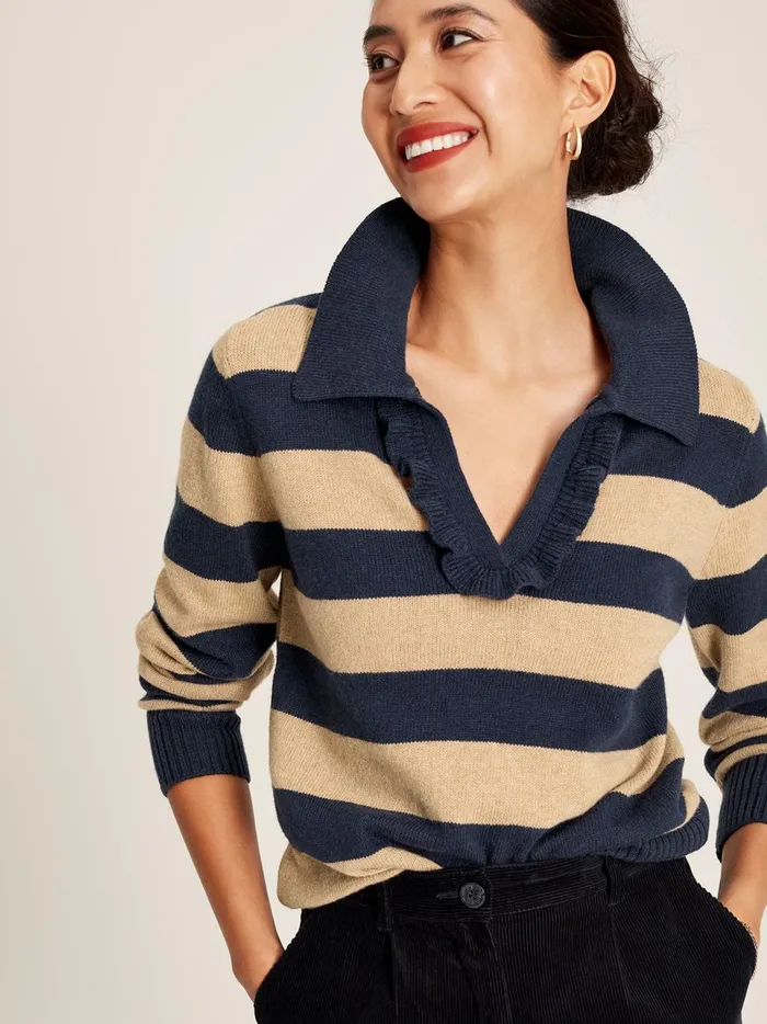 Joules Knitwear Women Oat Striped V Neck Jumper With Collar