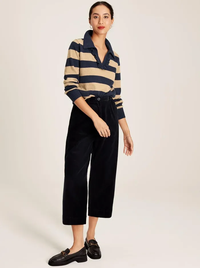 Joules Knitwear Women Oat Striped V Neck Jumper With Collar