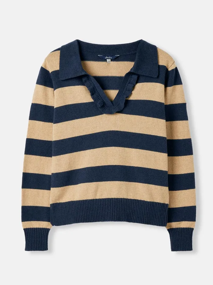 Joules Knitwear Women Oat Striped V Neck Jumper With Collar