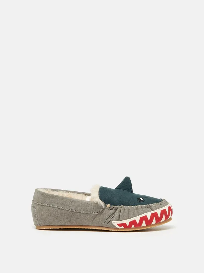Joules Nightwear Boys Navy Shark Moccasin Slippers
