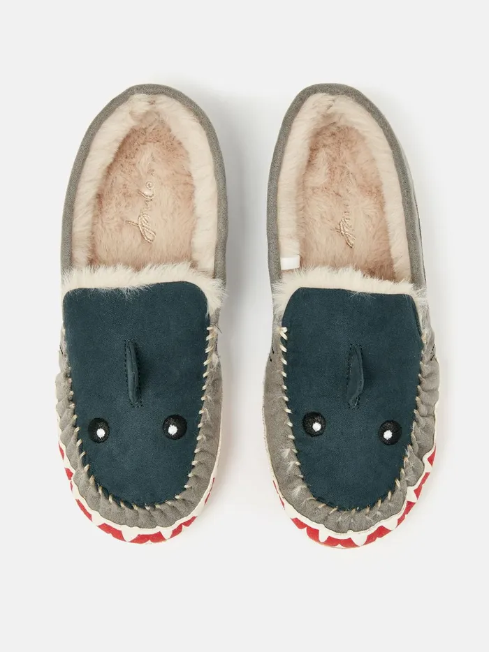 Joules Nightwear Boys Navy Shark Moccasin Slippers