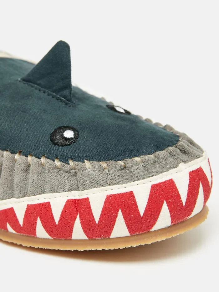 Joules Nightwear Boys Navy Shark Moccasin Slippers