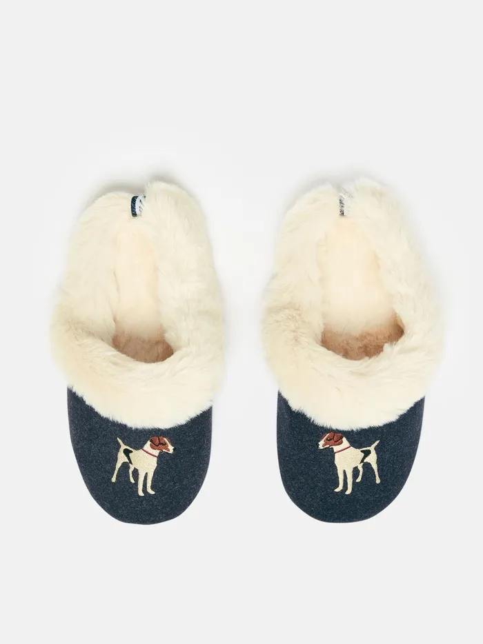 Joules Nightwear Women Blue Faux Fur Lined Embroidered Mule Slippers