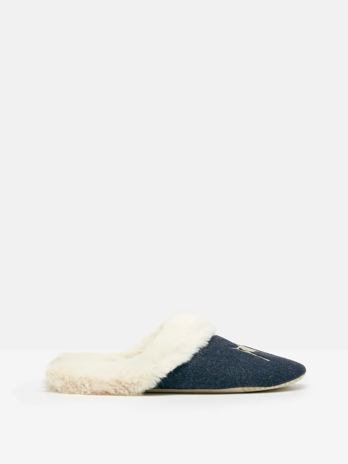 Joules Nightwear Women Blue Faux Fur Lined Embroidered Mule Slippers
