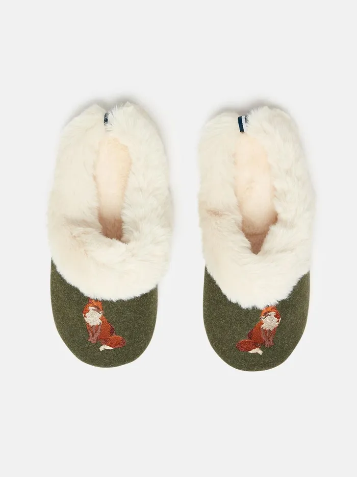 Joules Nightwear Women Green Faux Fur Lined Embroidered Mule Slippers