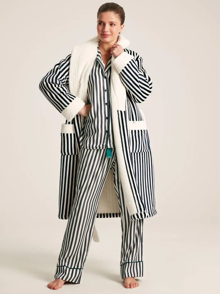 Joules Nightwear Women Navy Stripe Fleece Lined Striped Dressing Gown With Hood