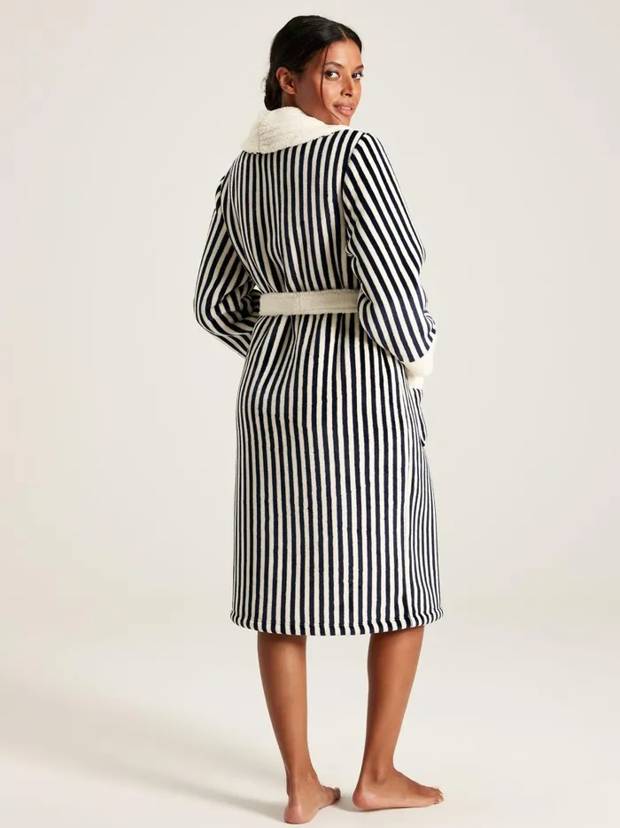 Joules Nightwear Women Navy Stripe Fleece Lined Striped Dressing Gown With Hood