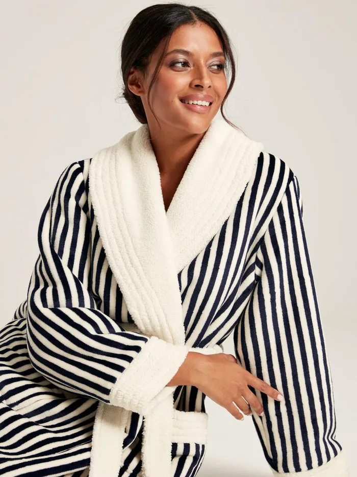 Joules Nightwear Women Navy Stripe Fleece Lined Striped Dressing Gown With Hood