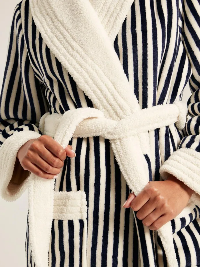 Joules Nightwear Women Navy Stripe Fleece Lined Striped Dressing Gown With Hood