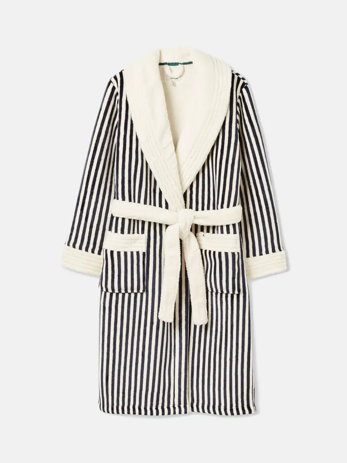 Joules Nightwear Women Navy Stripe Fleece Lined Striped Dressing Gown With Hood