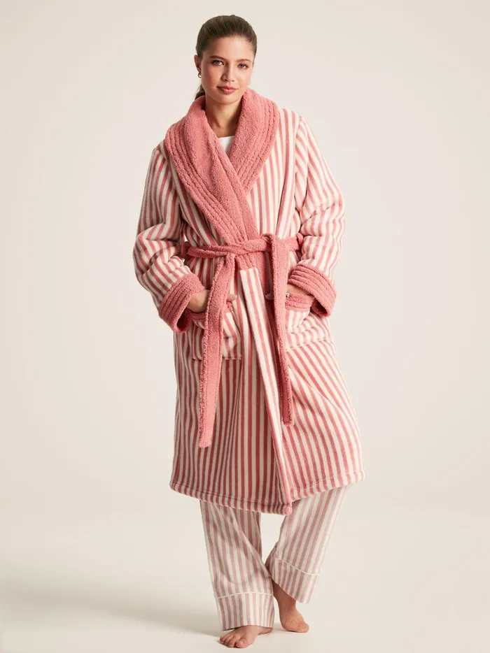 Joules Nightwear Women Pink Fleece Lined Striped Dressing Gown With Hood