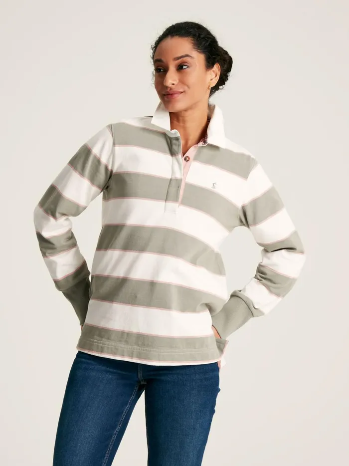 Joules Rugby Shirts Women GreenEcru Striped Heavyweight Cotton Rugby Shirt