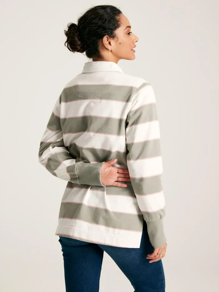 Joules Rugby Shirts Women GreenEcru Striped Heavyweight Cotton Rugby Shirt