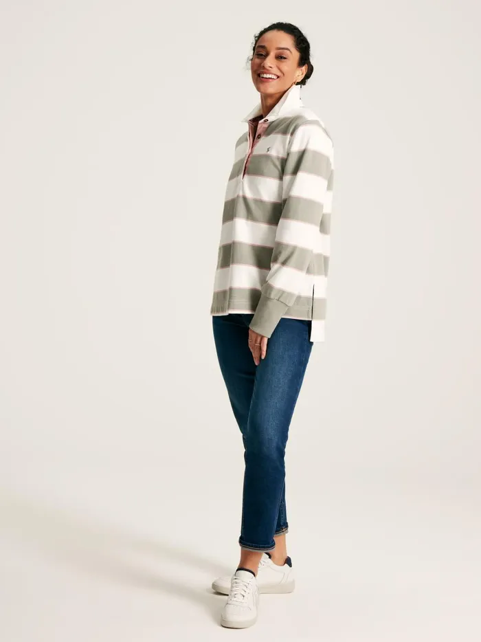 Joules Rugby Shirts Women GreenEcru Striped Heavyweight Cotton Rugby Shirt