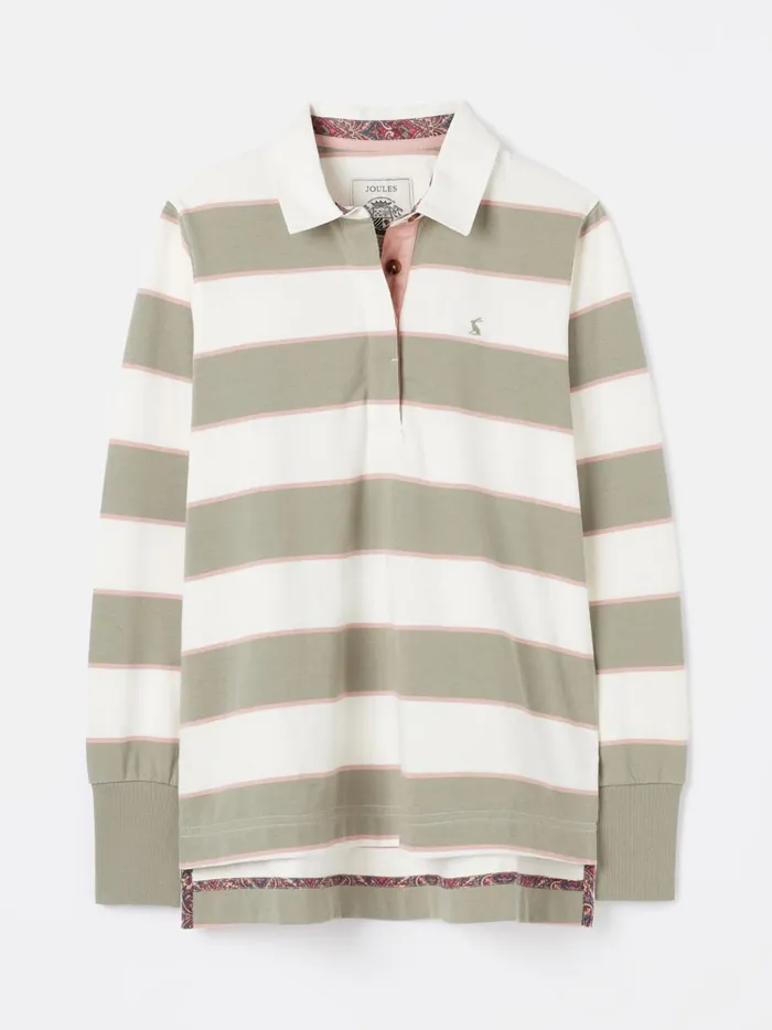 Joules Rugby Shirts Women GreenEcru Striped Heavyweight Cotton Rugby Shirt