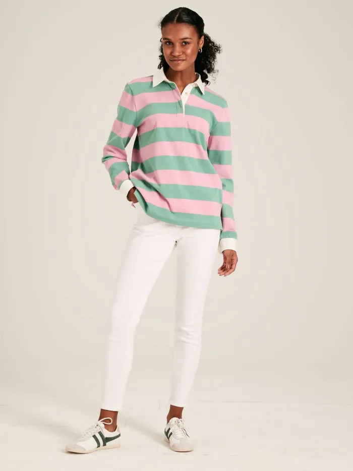 Joules Rugby Shirts Women Pink and Green Striped Cotton Rugby Shirt