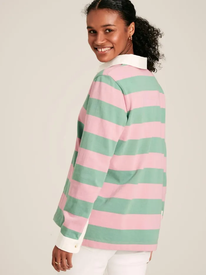 Joules Rugby Shirts Women Pink and Green Striped Cotton Rugby Shirt