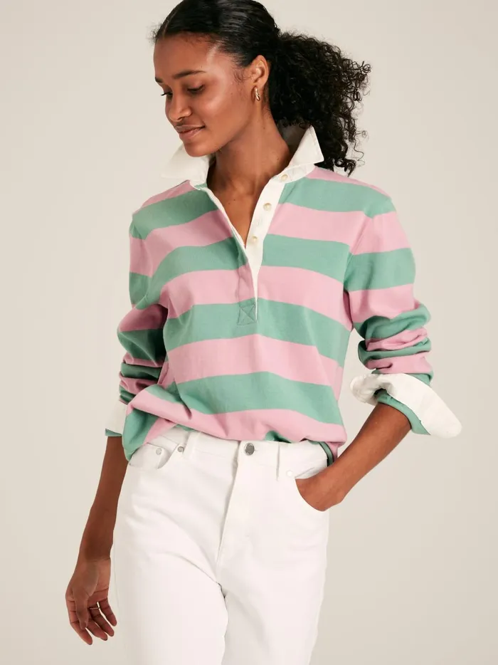 Joules Rugby Shirts Women Pink and Green Striped Cotton Rugby Shirt