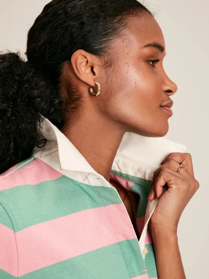 Joules Rugby Shirts Women Pink and Green Striped Cotton Rugby Shirt