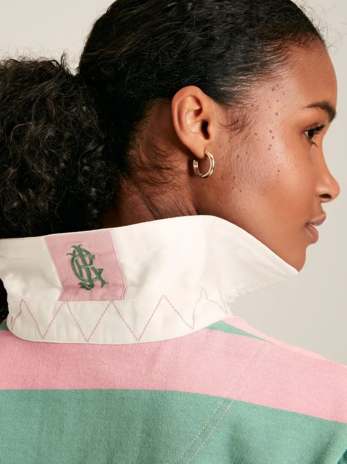 Joules Rugby Shirts Women Pink and Green Striped Cotton Rugby Shirt