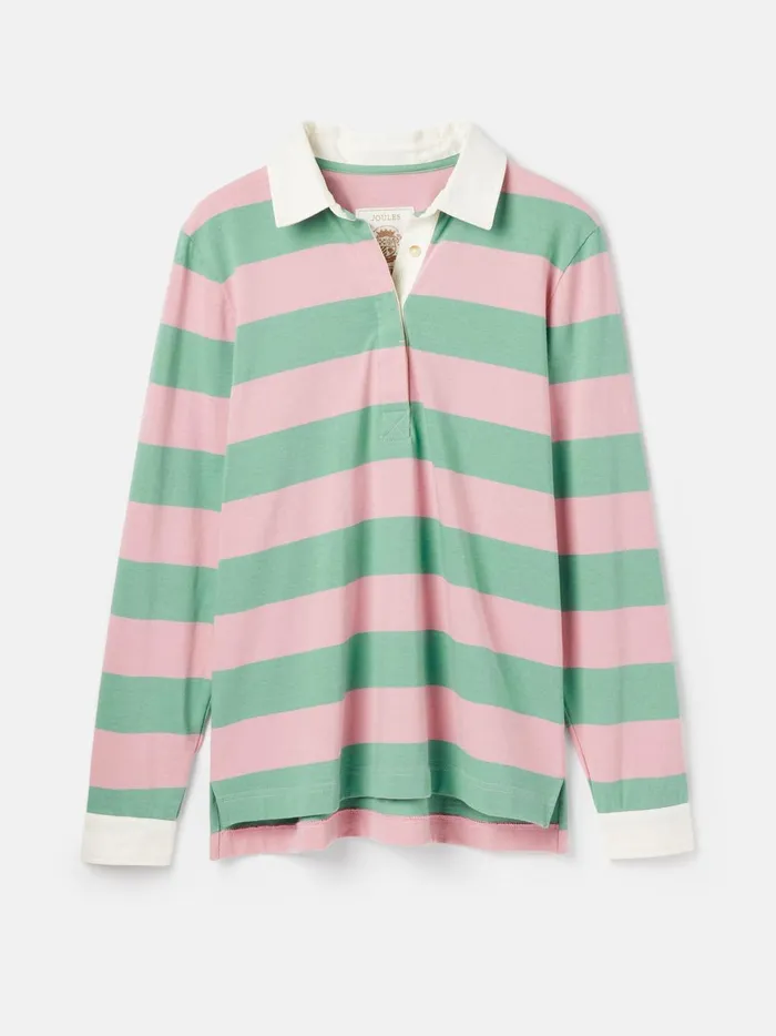 Joules Rugby Shirts Women Pink and Green Striped Cotton Rugby Shirt